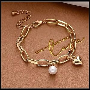Clearance! PAPERCLIP HEART PEARL CHARM LOVE ADJUSTABLE BRACELET